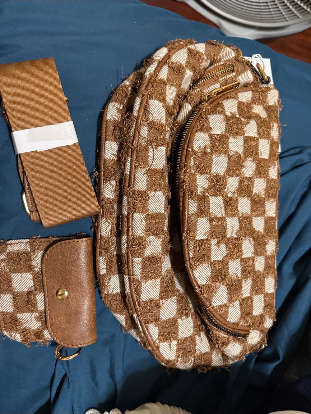 Woven Check Brown & Cream Crossbody Belt Bag